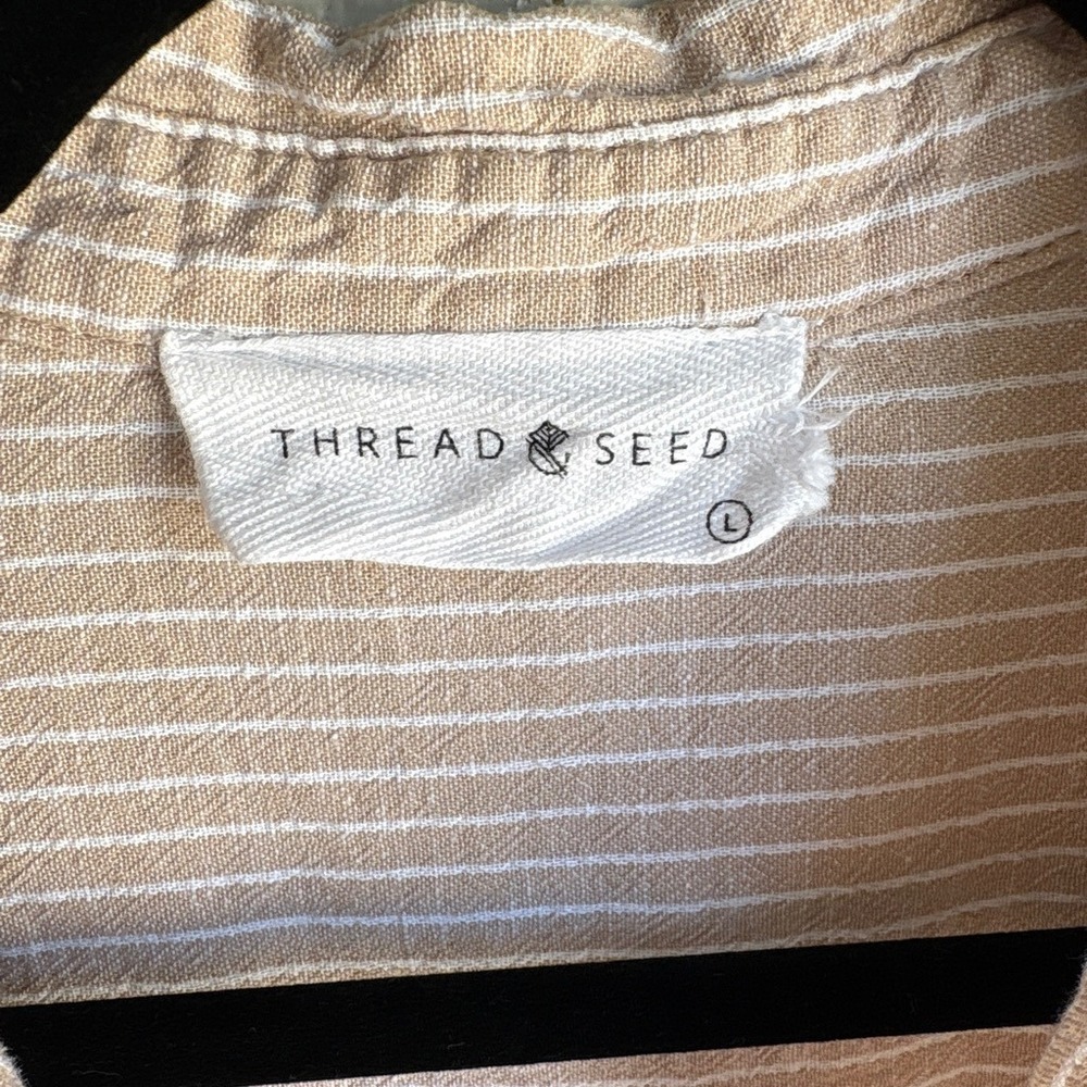 Striped Women L Button Boho Tan White Linen Blend Long Sleeve Coastal Granola - Picture 5 of 7